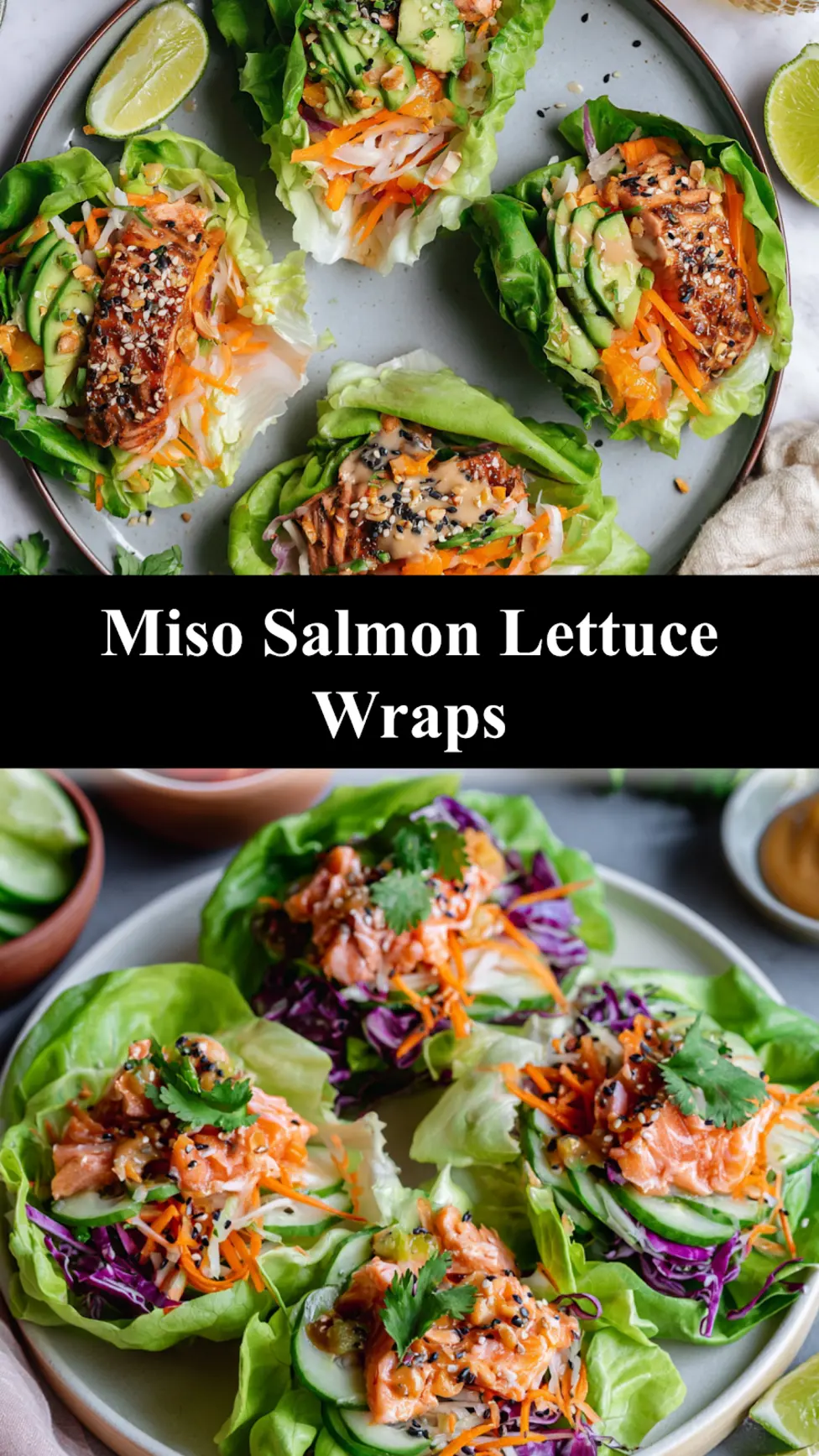 Miso salmon lettuce wraps served and ready to eat, easy homemade dish