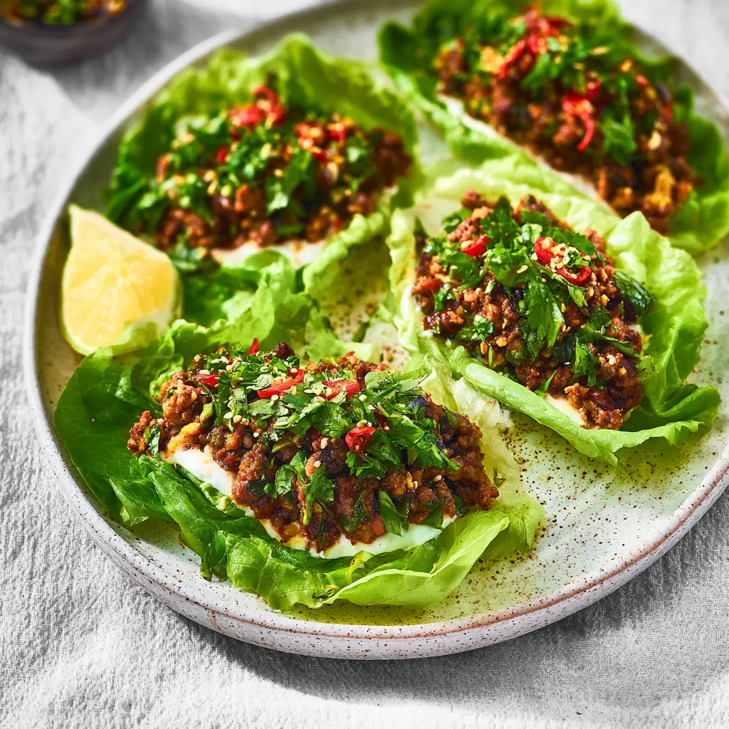 Moroccan Lamb Lettuce Wraps served and ready to eat, an easy homemade dish