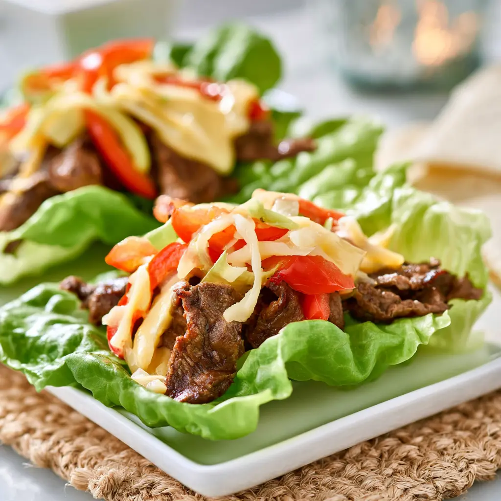 Philly Cheesesteak Lettuce Cups served and ready to eat, easy homemade dish