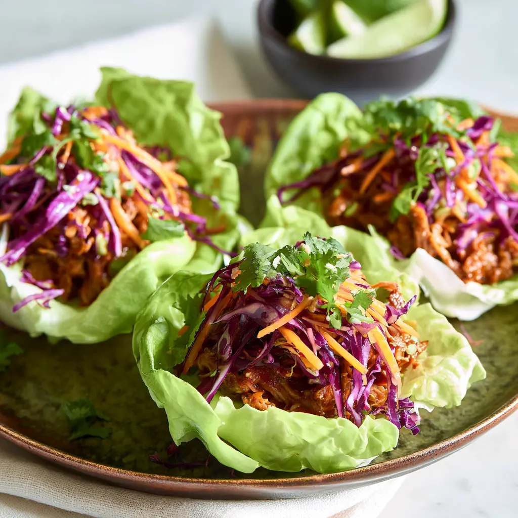 Pulled Pork Lettuce Cups BBQ Your New Favorite Satisfying Real Dinner 5 Pulled pork lettuce cups with BBQ filling and tahini slaw, served and ready to eat