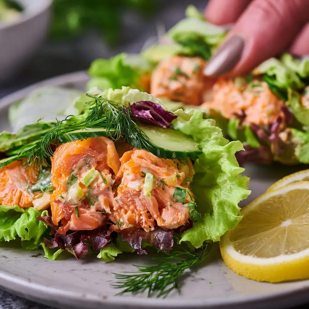 Salmon lettuce wraps keto style, served and ready to eat, easy homemade dish