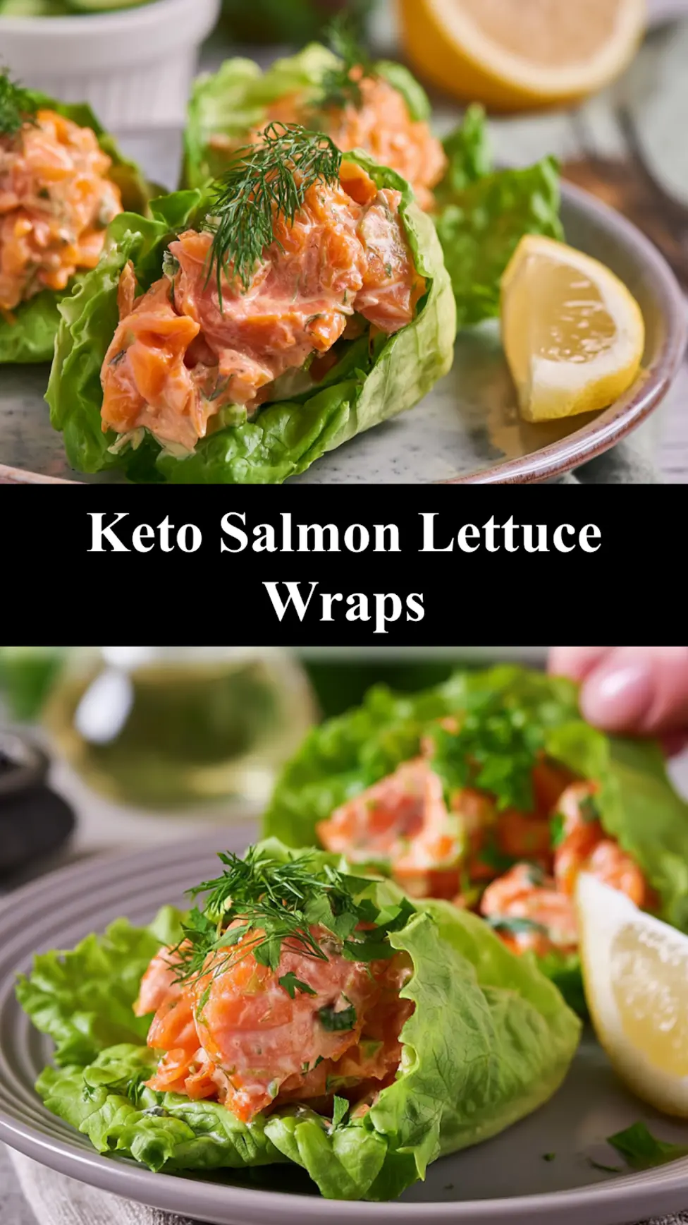 Keto salmon lettuce wraps recipe, served and ready to eat, easy homemade dish