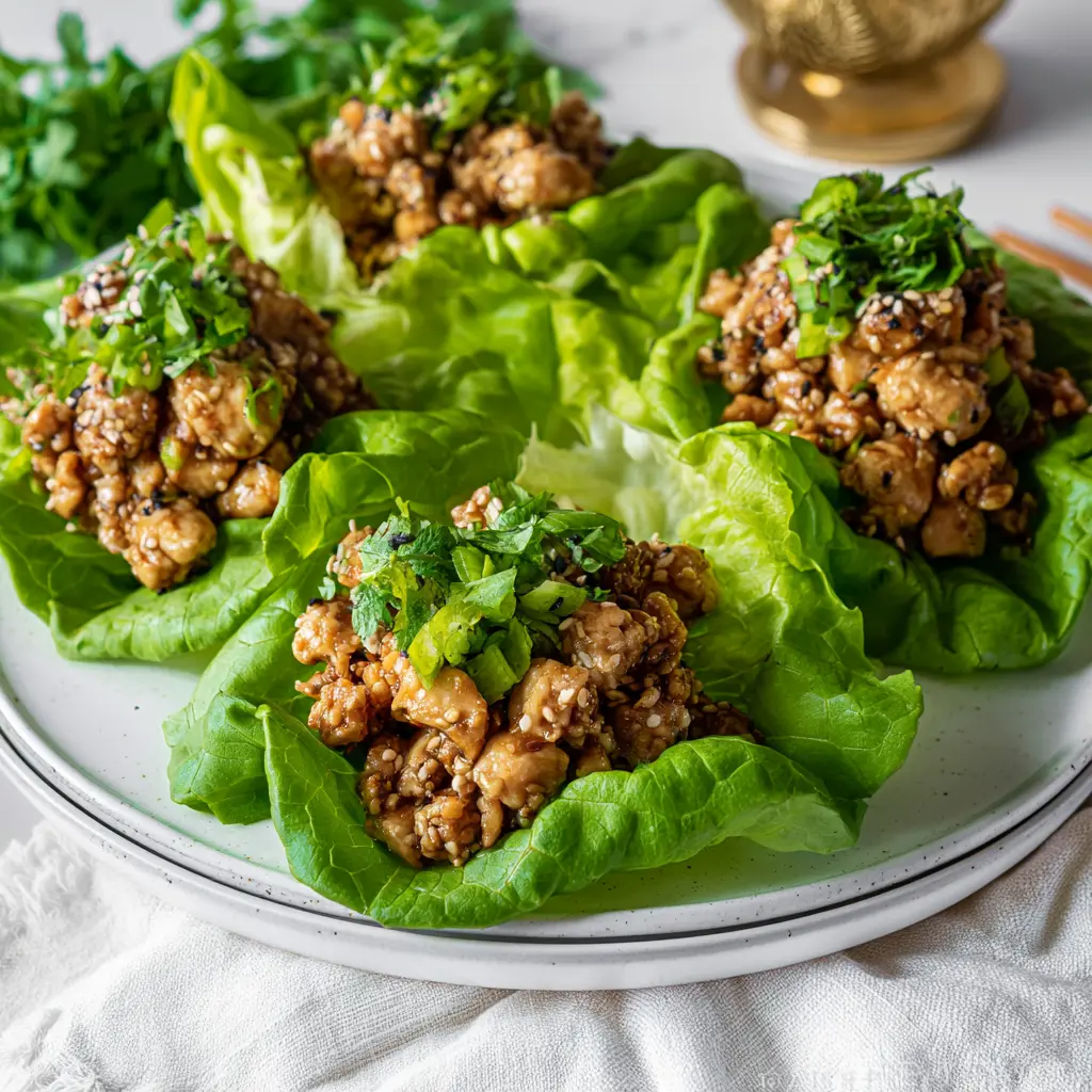 Sesame chicken lettuce cups served and ready to eat, easy homemade dish