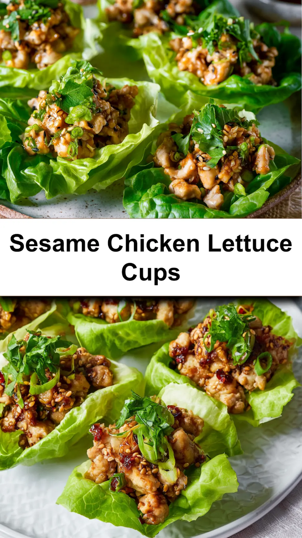 Sesame chicken lettuce cups recipe, served and ready to eat, easy homemade dish