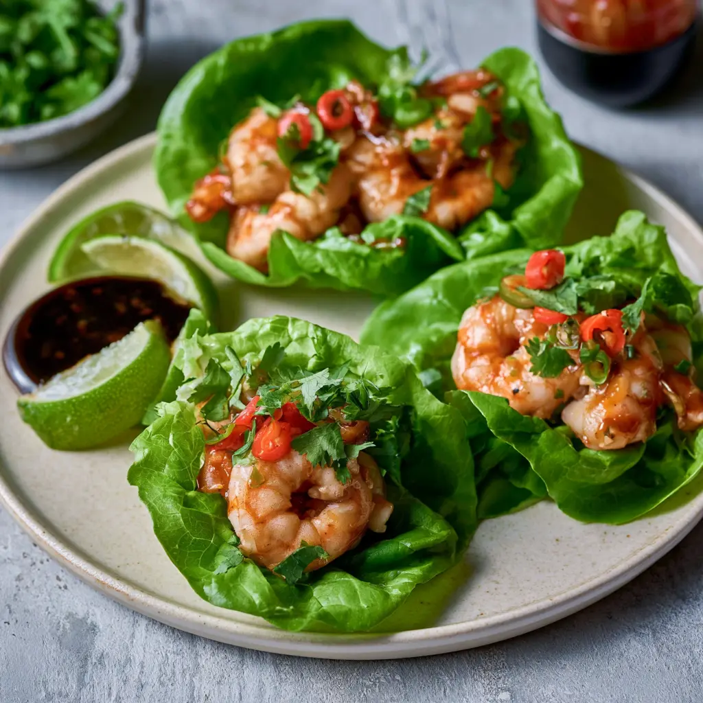 Soy Ginger Shrimp Lettuce Cups served in butter lettuce leaves with peanut dipping sauce