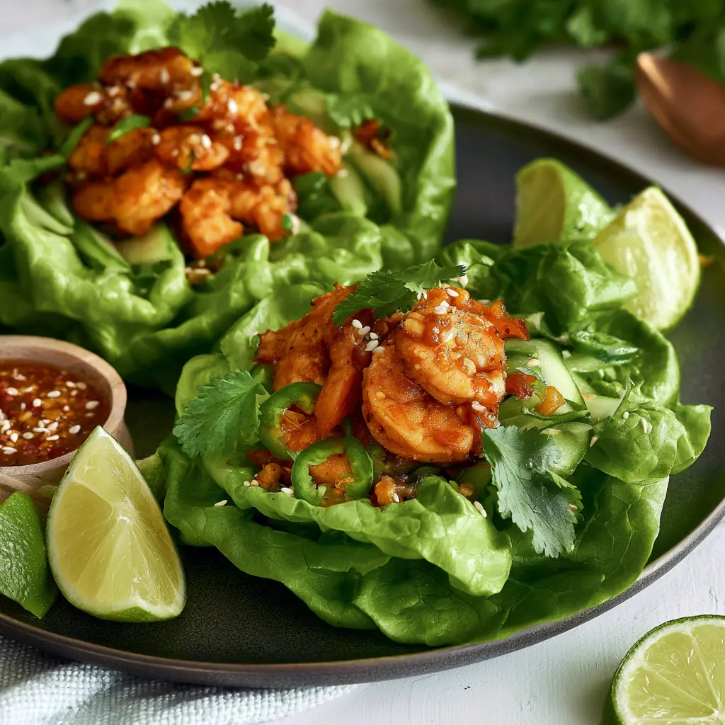 Spicy shrimp lettuce cups served on a platter, ready to eat