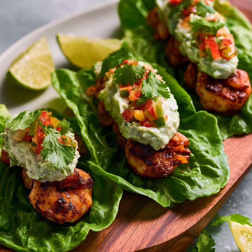 Spicy Taco Shrimp Lettuce Cups served and ready to eat, an easy homemade weeknight dish
