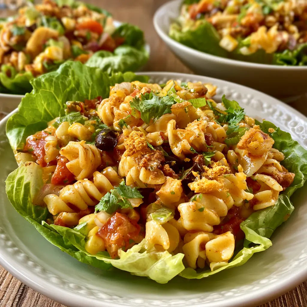 Taco Pasta Salad Lettuce Cups Vibrant New Way to Make Your Best Lunch 5 Taco Pasta Salad Lettuce Cups recipe, served and ready to eat, easy homemade dish