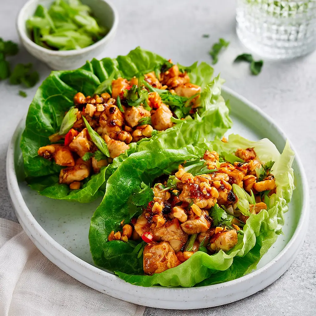 Teriyaki Chicken Lettuce Cups served in crisp lettuce leaves, topped with cashews and green onions