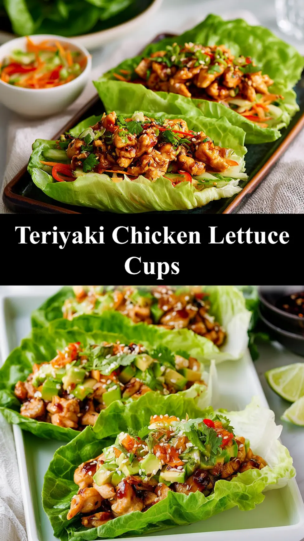 Teriyaki Chicken Lettuce Cups recipe pin  easy homemade dish served and ready to eat