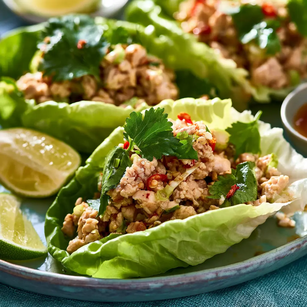 Thai Larb Chicken Lettuce Cups Vibrant Real Way to Make a Fresh New Dinner 5 Thai Larb Chicken Lettuce Cups served in crisp lettuce leaves, garnished with fresh herbs and crushed peanuts
