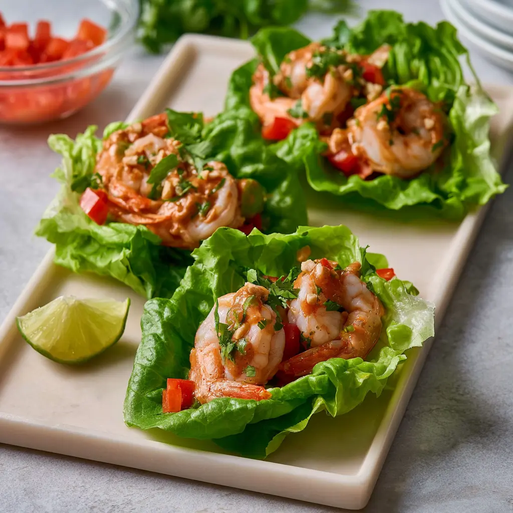 Thai Peanut Shrimp Lettuce Wraps Your New Favorite Fresh Easy Dinner 5 Thai Peanut Shrimp Lettuce Wraps served and ready to eat, easy homemade dish