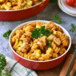 Chickpea Pasta Chicken Bake recipe, served and ready to eat, easy homemade dish