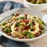 Maple Bacon Brussels Pasta recipe, served and ready to eat, easy homemade dish