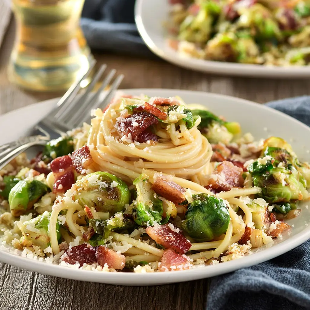 Maple Bacon Brussels Pasta Cozy and Satisfying New Way to Make Dinner 5 Maple Bacon Brussels Pasta served in a skillet, ready to eat