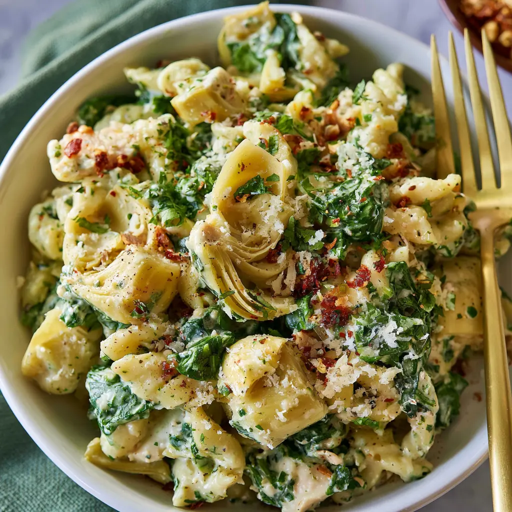 Spinach artichoke protein pasta served in a skillet, creamy bean sauce coating whole wheat penne with spinach and artichokes