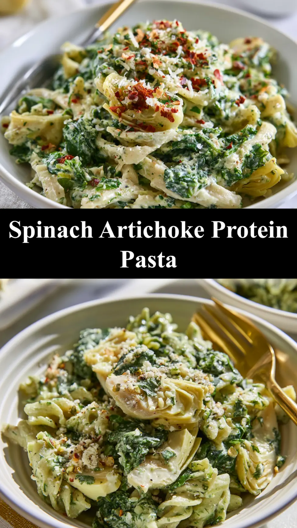 Spinach artichoke protein pasta recipe pin  creamy cannellini bean sauce with whole wheat penne, spinach, and artichokes
