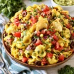 CHEESY NACHO PASTA BAKE recipe, served and ready to eat, easy homemade dish