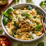 Street Corn Pasta Salad recipe, served and ready to eat, easy homemade dish