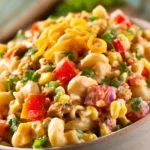 Taco Macaroni Salad recipe, served and ready to eat, easy homemade dish