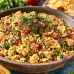 TACO PASTA SALAD recipe, served and ready to eat, easy homemade dish