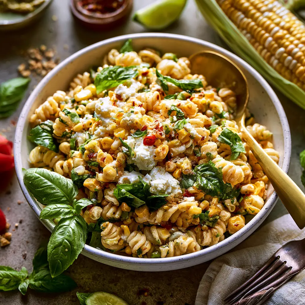 Street Corn Pasta Salad served and ready to eat, easy homemade dish