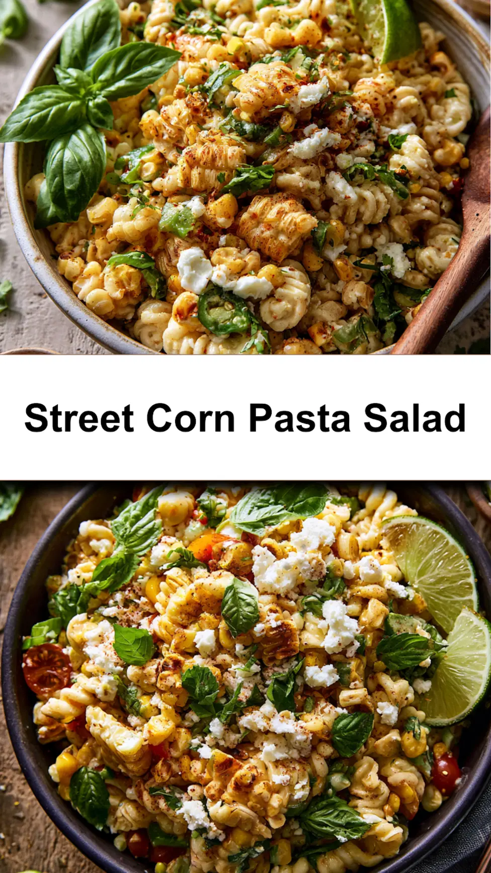 Street Corn Pasta Salad served and ready to eat, easy homemade dish