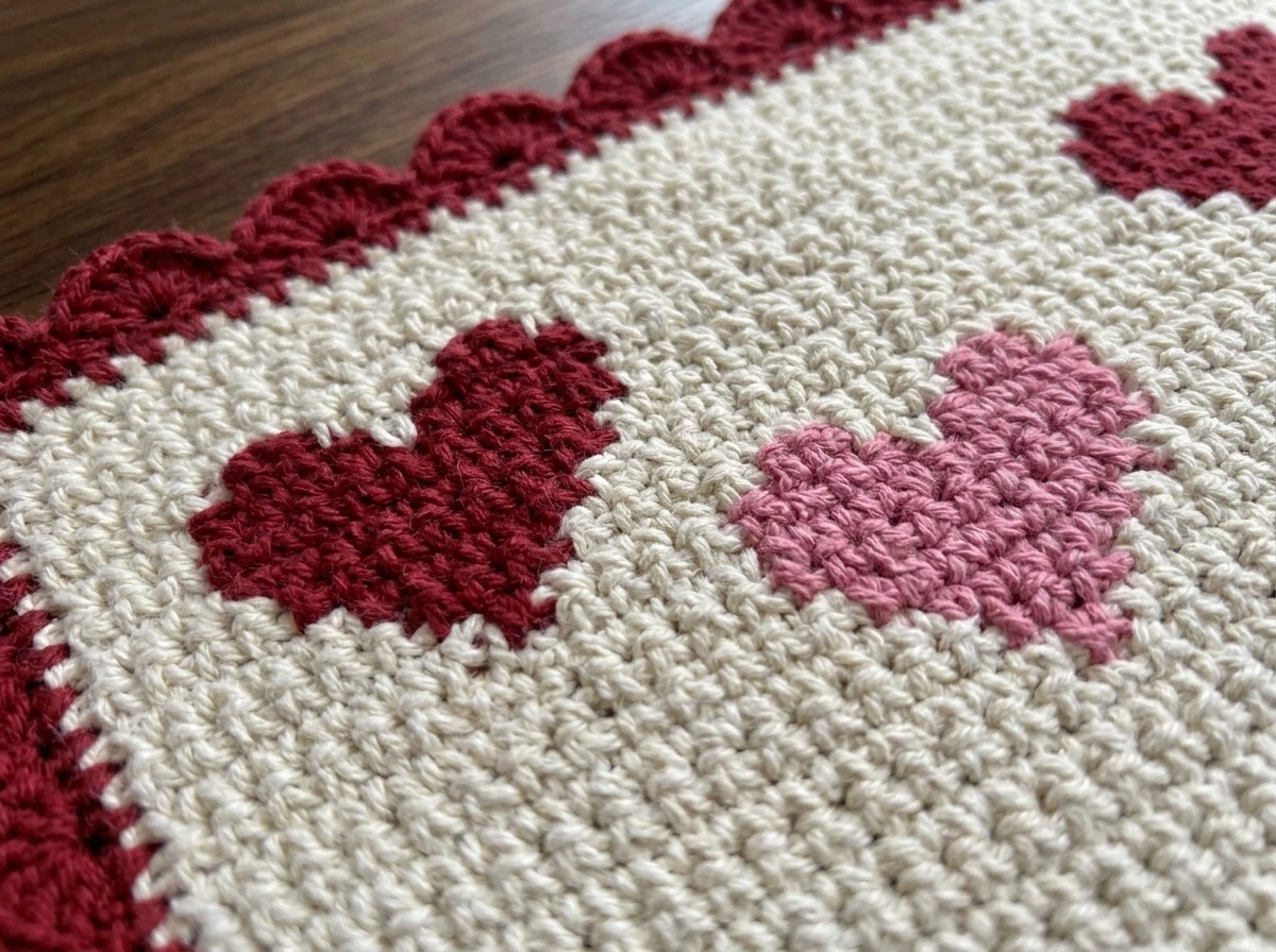 Crochet Heart Placemat Pattern for Valentine's Day (Free, Scalloped) 4 Close-up of a crochet heart placemat with red and pink hearts and a red scalloped edge