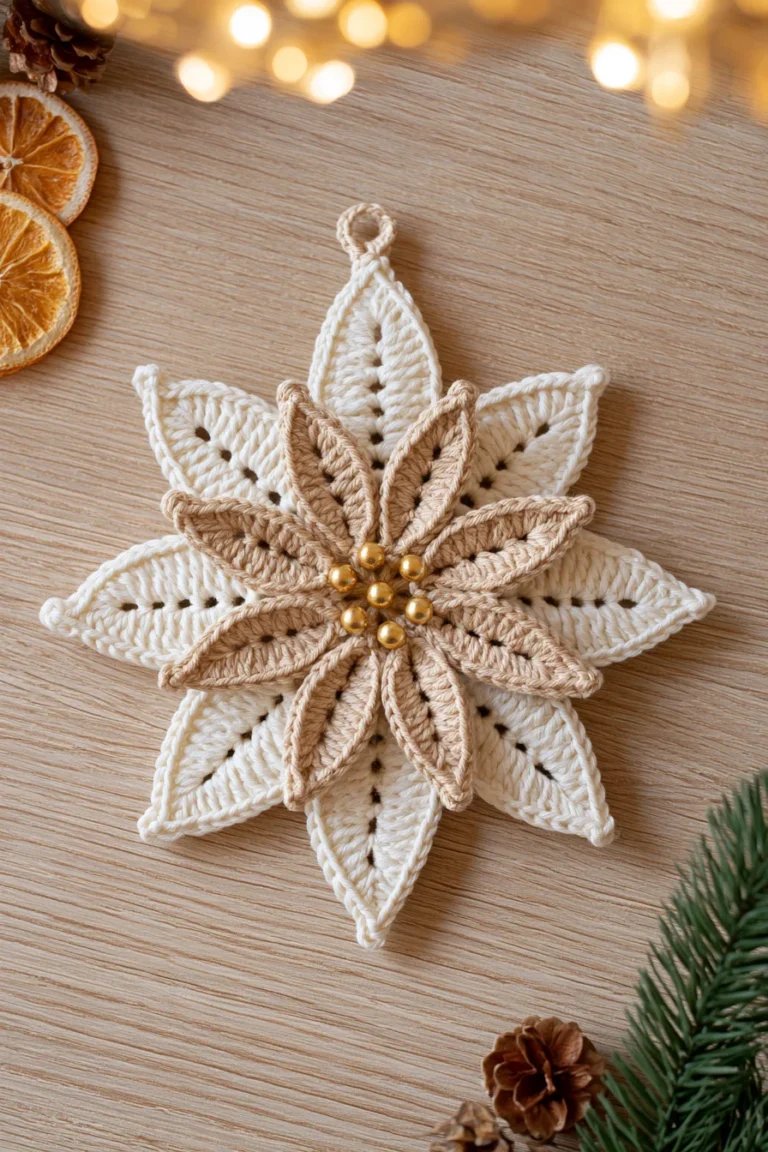 Crochet Christmas Ornament: Layered Poinsettia (Free Pattern) — free crochet pattern