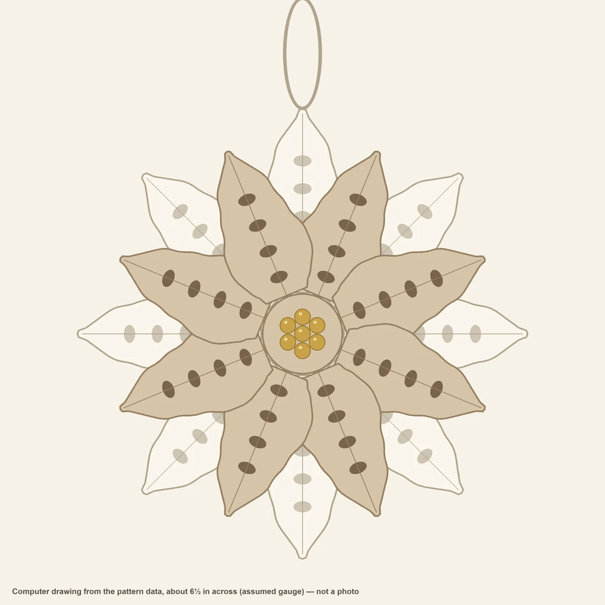 Crochet Christmas Ornament: Layered Poinsettia (Free Pattern) 5 Computer drawing of the finished layered poinsettia crochet ornament from the pattern data: 8 ivory and 8 oatmeal petals with open veins, 7 gold beads and a loop