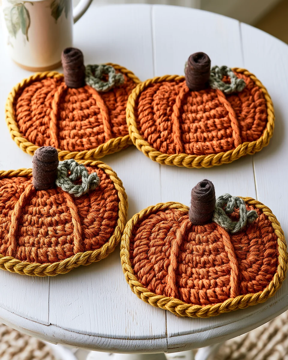 Crochet Pumpkin Coaster 3 Crochet pumpkin coasters with ribs and rolled stems, seen from the side on a white table