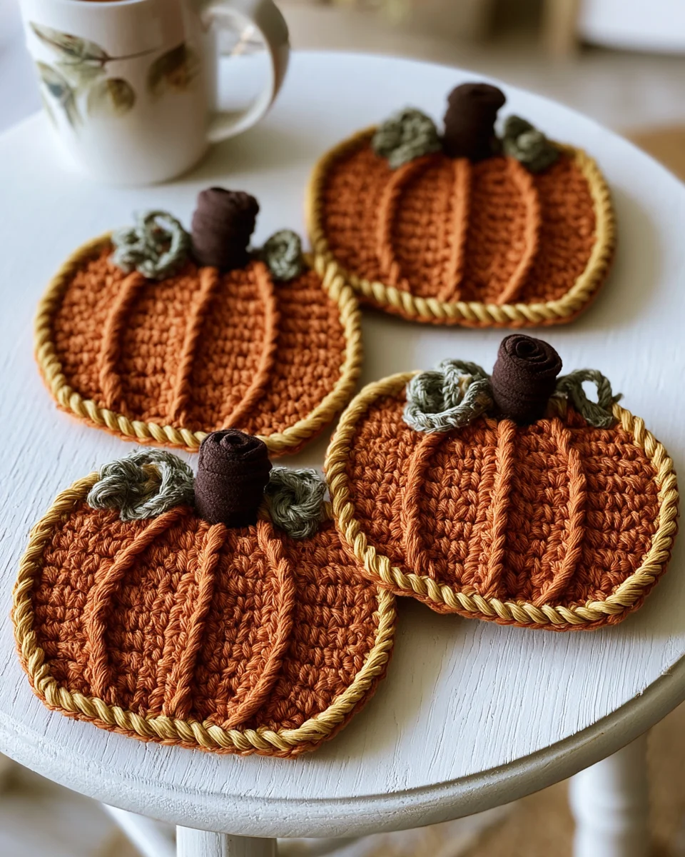 Crochet Pumpkin Coaster 4 Overlapping crochet pumpkin coasters with mustard crab stitch edging