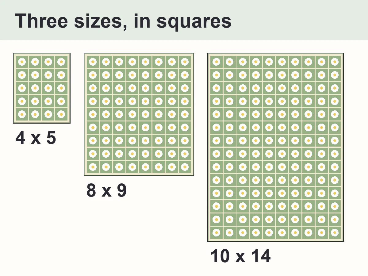 Daisy Granny Square Blanket Pattern (Free, Beginner-Friendly) 5 Layout of the daisy granny square blanket pattern in three sizes: 4 x 5, 8 x 9 and 10 x 14 squares