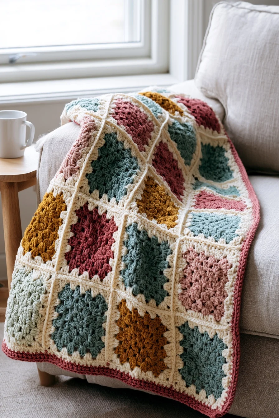 Easy Granny Square Blanket Pattern for Beginners (Free, 3 Sizes) 1 AI illustration of an easy granny square blanket pattern: a cozy blanket of classic granny squares in mustard, dusty rose, sage and teal framed in cream, draped on a sofa