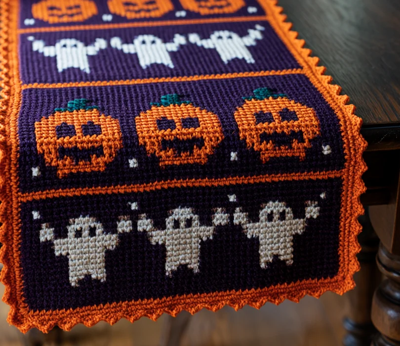 Halloween Ghost and Pumpkin Table Runner 4 Close-up of crochet jack-o'-lantern pumpkins and white ghosts on a purple runner