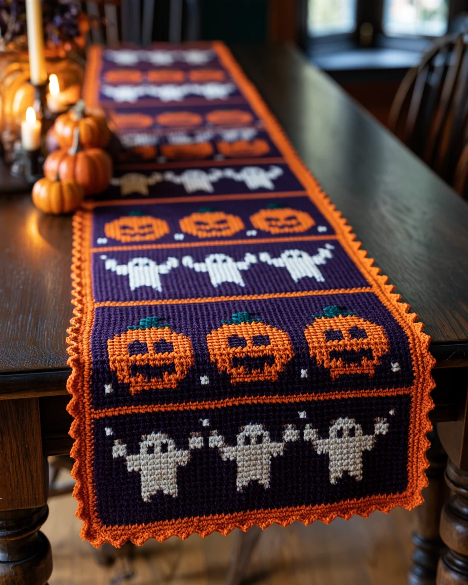Halloween Ghost and Pumpkin Table Runner 1 Crochet Halloween table runner with white ghosts and orange jack-o'-lantern pumpkins on purple